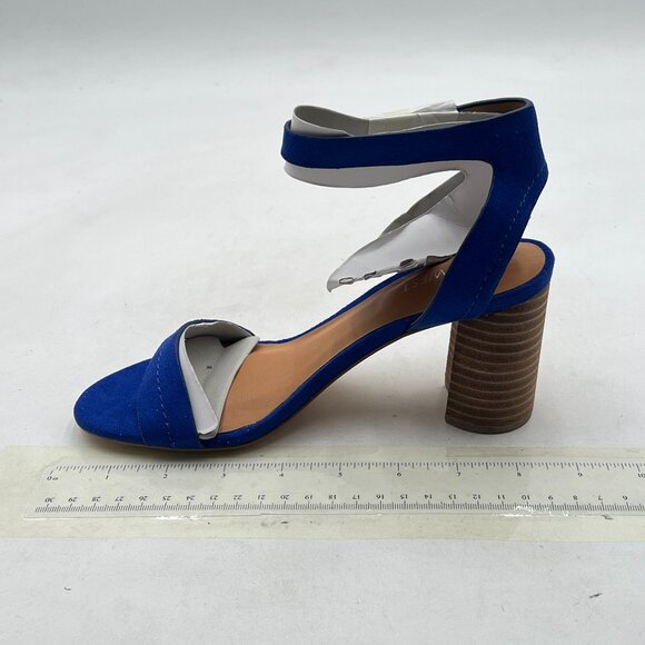 NINE WEST Blue Open Toe Ankle Strap Sandals Chunky Heels Buckle Dance Shoes - Picture 1 of 7